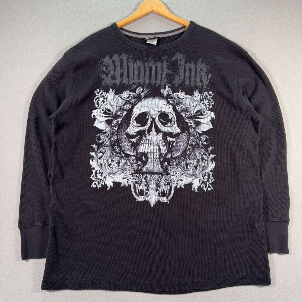 Vintage Miami‎ Ink Thermal Long Sleeve T-Shirt Mens 2XL Black Skull Biker Y2K